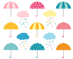 Rain umbrellas and clouds with raindrops
