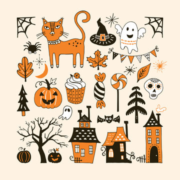 Halloween holiday set with hand drawing elements for graphic and