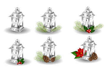 Set of silver lantern with christmas decoration © sidliks