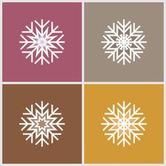 Four minimalistic flat white snowflakes. Pink yellow grey brown background.