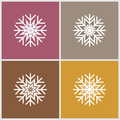 Four minimalistic flat white snowflakes. Pink yellow grey brown background.
