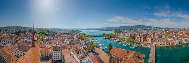 Aerial view of Zürich city center with river Limmat, Switzerland
