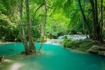 Beautiful and very nice green waterfall for relaxation, Erawan waterfall located Kanchanaburi Province , Thailand