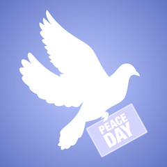 vector illustration with International Peace Day lettering and pigeon greeting card background.Pigeon with peace day letter on blue background