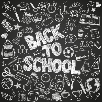 Back to School - sketch doodle set. Various hand-drawn school items on a background blackboard. Vector illustration