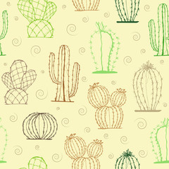 Hand drawn succulent ornament with cactus. Seamless pattern with cactus colorful isolated on a yellow background. Vector illustration of a cactus