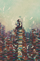 Fototapeta premium man reading book while sitting on pile of books,knowledge concept,illustration painting
