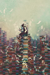Schilderijen op glas man reading book while sitting on pile of books,knowledge concept,illustration painting © grandfailure