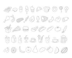 Different food doodles. Lineart hand-drawn elements clip-art for