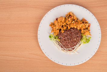 Fried chilly paste with chicken and vegetable fresh sunflower plant none oil added healthy clean food