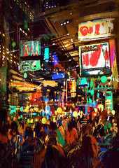 Fototapeta premium crowd of people in night street,illustration painting