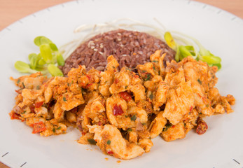 Fried chilly paste with chicken and vegetable fresh sunflower plant none oil added healthy clean food
