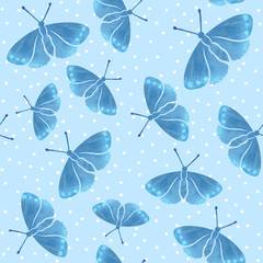 seamless pattern with blue watercolor  hand drown  butterflies