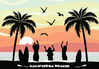Sunset Beauty card. Summer beach with Party people, Surfing bords and Palm trees California Card. Vector Holiday Summer background