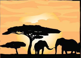 African Safari Elephants with trees silhouettes Vector