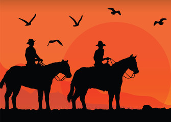 Cowboys silhouettes on horses at sunset. Vector illustration