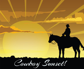 Cowboy silhouette sitting on horse at sunset . Vector illustration
