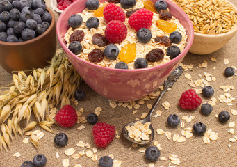 Healthy porridge with fruits on canvas