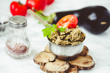 Baba ganoush, arabian appetizer from tahini and baked eggplant,