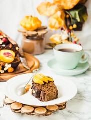 piece of chocolate cake with pumpkin, nuts and fresh peaches on