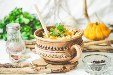 Vegetarian red lentil soup with pumpkin and corn,tinting
