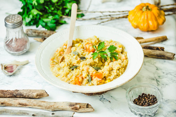soup of red lentils with pumpkin and corn, vegan, autumn dish