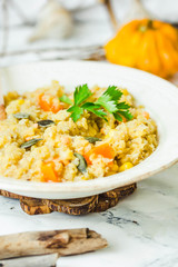 soup of red lentils with pumpkin and corn, vegan, autumn dish
