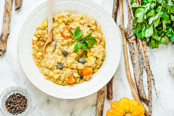 soup of red lentils with pumpkin and corn, vegan, autumn dish