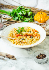 soup of red lentils with pumpkin and corn, vegan, autumn dish