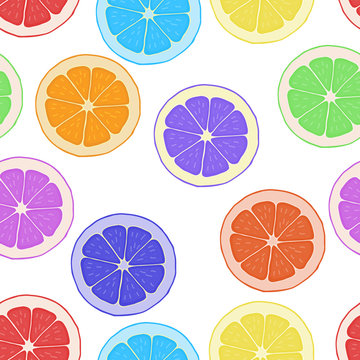 Seamless pattern background citrus. Wallpaper fruit. Vector tropical delicious. Sliced of lemon, orange and grapefruit. Tasty and healthy eat.