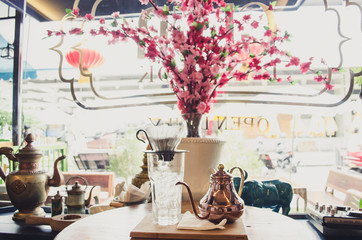 Set coffee in a coffee shop. Background blurred highlights.