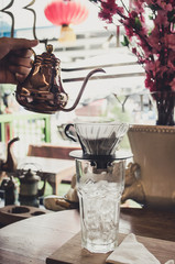 Set coffee in a coffee shop. Background blurred highlights.