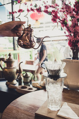 Set coffee in a coffee shop. Background blurred highlights.
