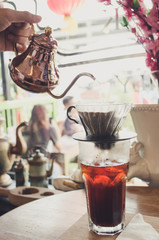 Set coffee in a coffee shop. Background blurred highlights.