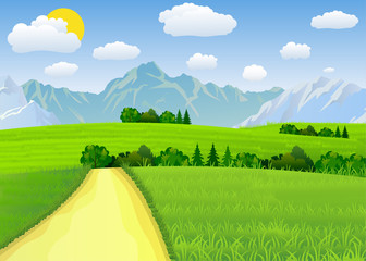 Summer landscape with meadows and mountains.