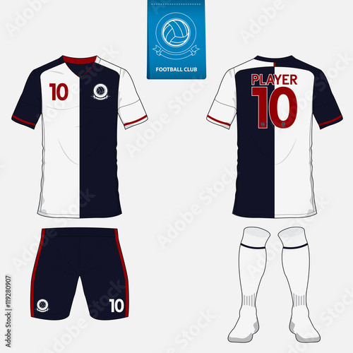 Set Of Football Kit Or Soccer Jersey Template For Club Flat Set Of Football Kit Or Soccer Jersey Template For Club Flat Logo On Blue Label Front And Back View Uniform Arel Mock Up
