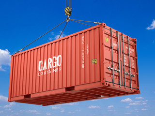 3d rendering of Red Freight cargo shipping container hanging on crane hook