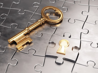 Golden key and puzzle. 3d illustration