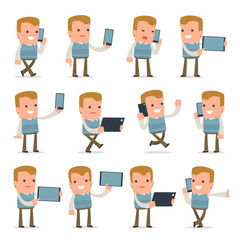 Set of Smart and Funny Character Family man  holding mobile phon