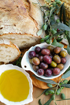 Traditional italian appetizer - fresh homemade bread, extra virg