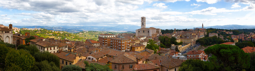 Italy. Perugia - a view of the old town and the Basilica di San Domenico, Umbria. Panorama