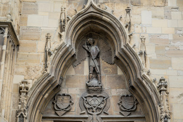Details of carved entrance to St. Michael's Church in Cluj-Napoca city in Romania