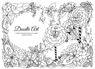 Vector illustration of floral frame. Dudlart. Coloring book anti stress for adults. Black white.