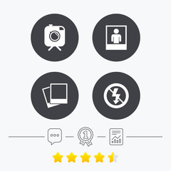 Photo camera icon. No flash light sign.