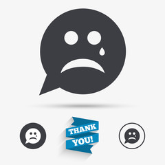 Sad face with tear sign icon. Crying symbol.