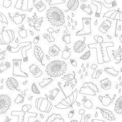 Seamless pattern on the theme of autumn, a simple outline icons on a light background