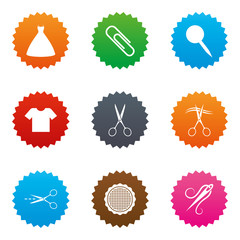 Tailor, sewing and embroidery icons. Scissors.