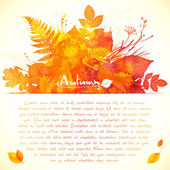 Orange watercolor painted leaves greeting card template