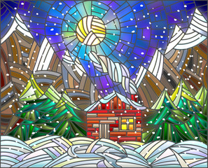 Winter landscape in the stained glass style with a lone house on a background of mountains and the night sk