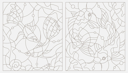 Set contour illustrations of stained glass with aquarium fish
